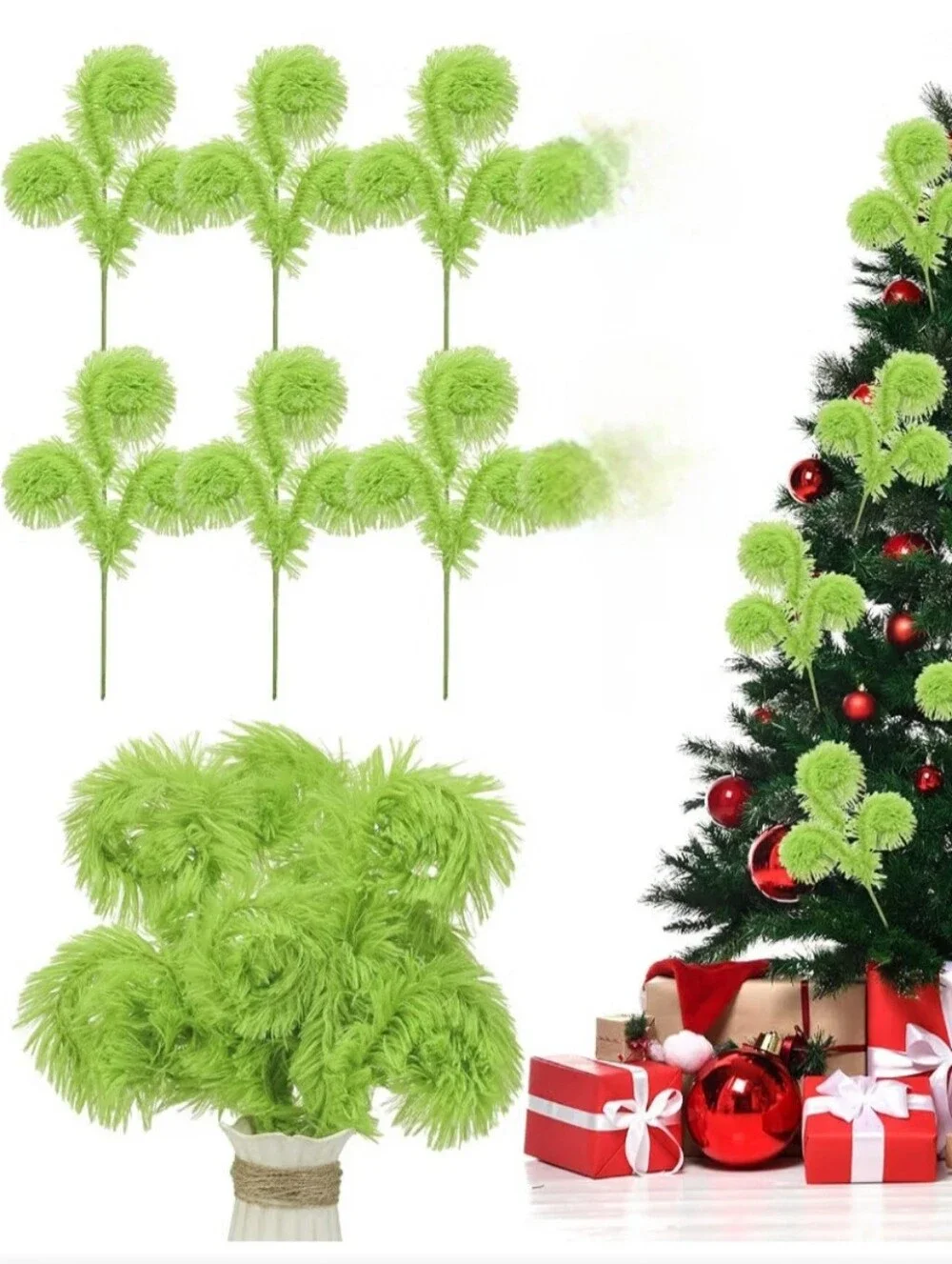 Lime Green Fluffy Christmas Tree Picks - Set of 6. Grinch Theme. NWT.